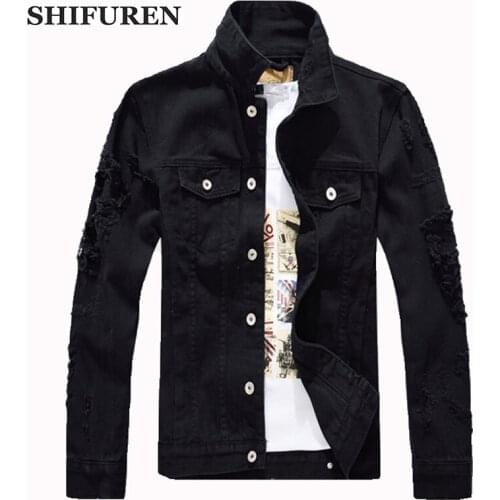 SHIFUREN Denim Jacket Men Ripped Holes Cotton Jeans Jackets Long Sleeve Fancy Male Frayed Cowboy Coats Hip Hop Streetwer Tops