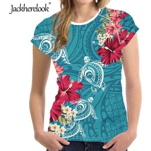 Jackherelook Plus Size T-shirts for Womens Loose Tee Blue Hawaiian Hibiscus Turtle Samoa Print Summer Harajuku Tops Shirt Mujer