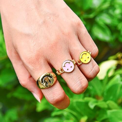ZHINI Bohemia Vintage Gold Color Metal Alloy Statement Ring Simple Cute Smiley Face Opening Rings for Women Fashion Jewelry Gift