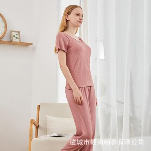 Spring Autumn New Womens Pajamas Sets Modal V-neck Short Sleeve Full Length with Bra 2Pcs Nightwear Loose Home Wear Sleepwear