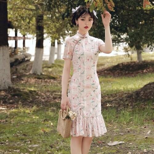 Print Floral Bridal Wedding Qipao Short Sexy Mermaid Dresses Mandarin Collar Satin Cheongsams Large Size 3xl Classic Vestidos