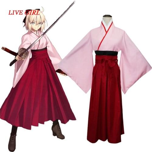 Liva girl Anime FGO Fate Grand Order Sakura Saber Okita Souji Kendo Uniform Cosplay Costume Full Set Kimono Halloween Outfit