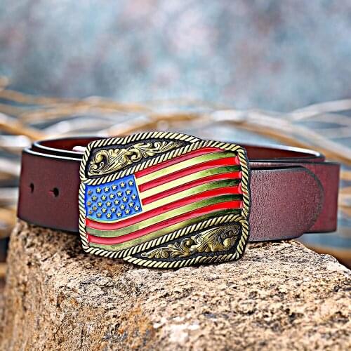 Western cowboy belt with a vintage American flag pattern novelty buckle for mens and women