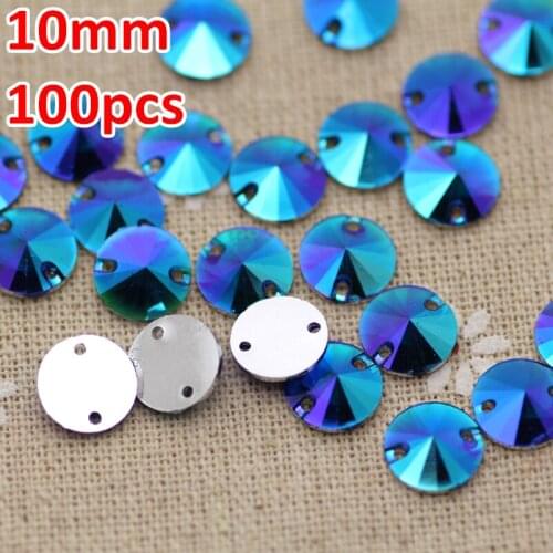 100pcs 10mm Blue AB Resin Round Sew On Rhinestone Silver Flatback Sew On crystal Stones For Garment Decoration