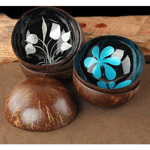 Coconut Shell Bowl Eco-friendly Spray Paint Coconut Shell Candy Fruit Salad Noodle Rice Bowl Wooden Container for Kitchen