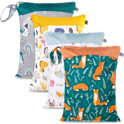 1PCS Reusable Wet Dry Bag Fashion Cartoon Printed Waterproof Double Zipper Wet Nappy Bags Pocket Cloth Handle Wetbags 30*40CM