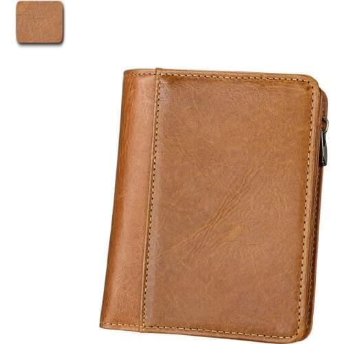 New Fashion RFID Men Wallets with Coin Bag Genuine Leather Zipper Small Mini Purses Vintage Cowhide Dollar Wallet Slim Money Bag