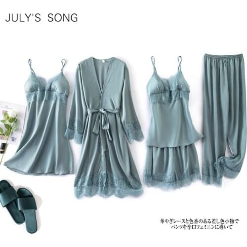JULYS SONG 5 Pieces Solid color Satin Pajama Set Sexy Faux Silk Sleepwear Fashion Breathable Lace Thin New Autumn Robe Homewear