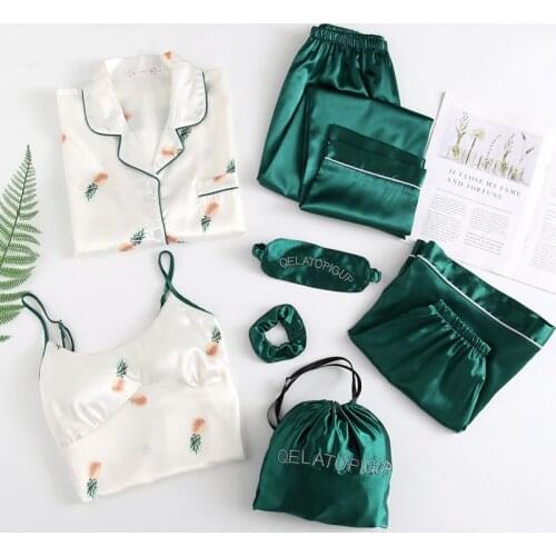 JULYS SONG 7 PCS Satin Women Pajamas Sets Summer Autumn Long Sleeve Shirts Pants Homewear Printed Faux Silk Pineapple Sleepwear