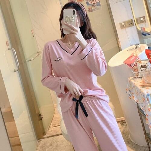 2021 Autumn Cotton Long Sleeve Sexy V-neck Pajama Sets for Women Korean Sleepwear Suit Pyjama Homewear Pijama Mujer Home Clothes