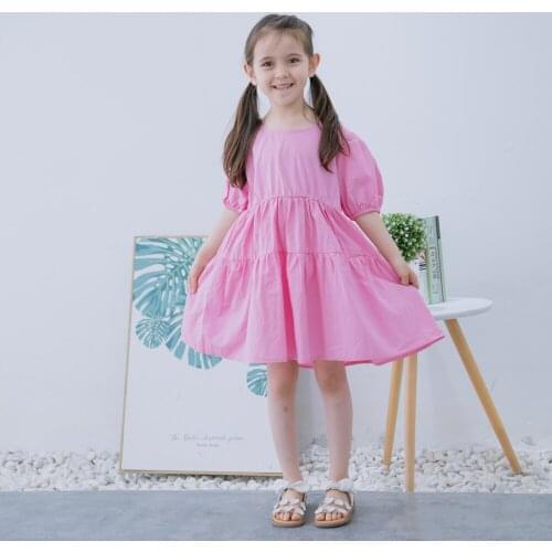 Hollead Girls Dresses Pink A-line Patchwork Dress 2021 Summer Fashion Puff Sleeve Back Tie Design Casual Party Princess Clothes