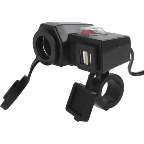 Waterproof Motorcycle Handlebar 12V Cigarette Lighter Power Adapter Charger 5V/2.1A Dual USB Port Integration Outlet Socket