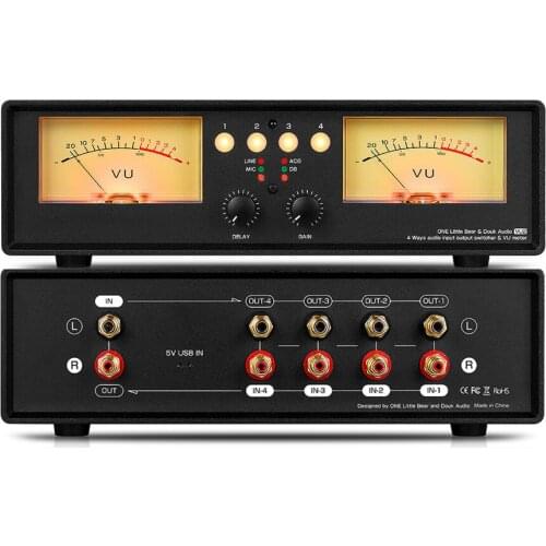 VU2-L Bulb Version MIC+LINE Dual VU Meter Audio Splitter Box 4-Way Switcher Sound Level Indicator