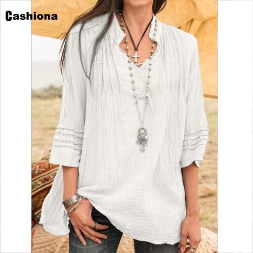 Cashiona 2021 Summer Women Long Blouse Linen Basic Tops Streetwear Plus Size Ladies Model V-neck Elegant Blusas Shirt Femme 5XL
