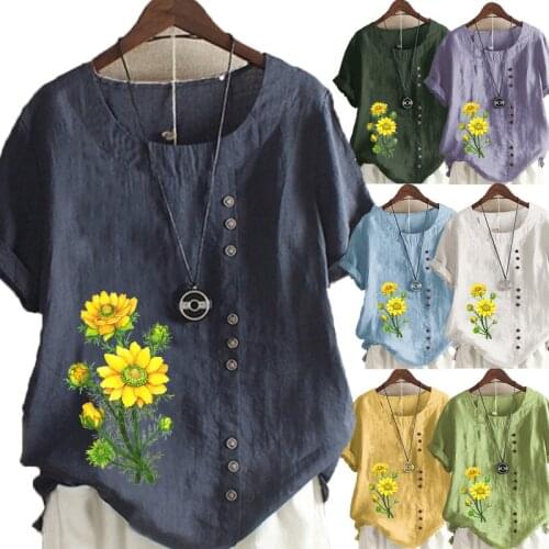 Womens New Summer Fashion Casual Linen Shirt Round Neck Printing T-shirt Short Sleeve Tops Loose Blouse S-5XL