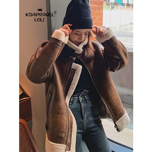 Womens Coat Aviator Motorcycle Jacket Faux Suede Fur Stand Collar Imitation Lambswool Handsome Female Autumn Winter Spring New