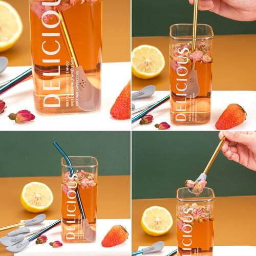 Stainless Steel Silicone Straw Spoon Creative Detachable Coffee Tea Filter Mate Tea Straw Spoon Reusable Bar Accessories