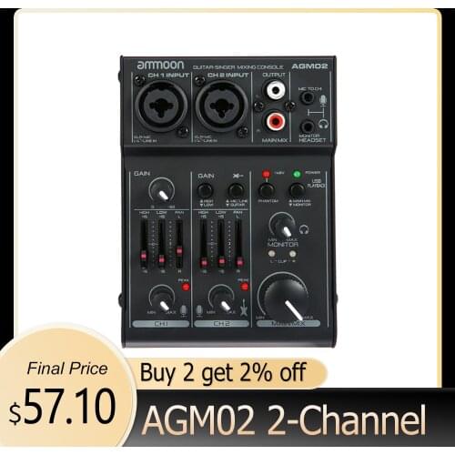 Ammoon AGM02 Mini 2-Channel Sound Card Mixing Console Digital Audio Mixer 2-band EQ Built-in 48V Phantom Power 5V USB Powered