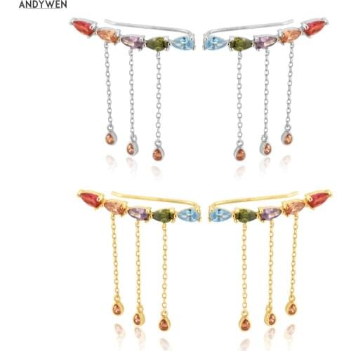 ANDYWEN 925 Sterling Silver 27mm Five Zircon Colorful Climber Women Long Chain Earring Women Luxury CZ High Quality Jewelry