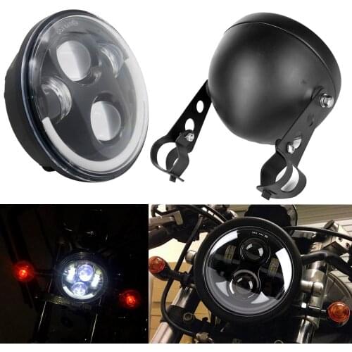 5.75 Angel Eye DRL Motorcycle Headlight with 5 3/4" Housing For Sportsters XG XR VRSCD Dyna Projector LED Black Round Headlamp