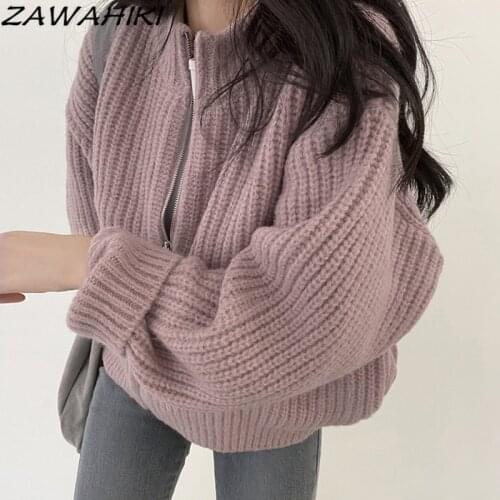 ZAWAHIKI Womens Zipper Sweater Coat Autumn and Winter All-match New O Neck Solid Korean Style Loose Long-sleeved Knitted Top