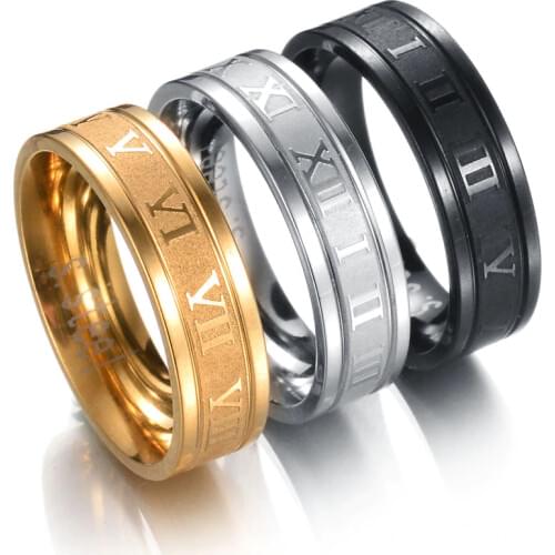 AsJerlya 6 mm 316L Stainless Steel Wedding Band Ring Roman Numerals Gold Black Cool Punk Rings for Men Women Fashion Jewelry
