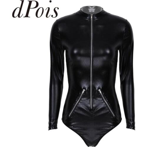 Women Patent Leather One-piece Long Sleeve Stand Collar Zipper Bodysuit Performance Pole Dance Leotard Sexy Clubwear Plus Size