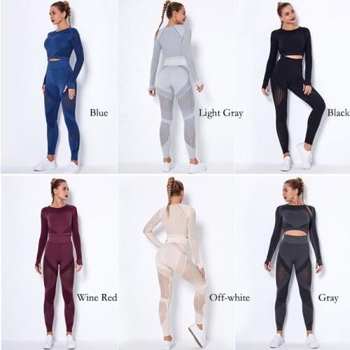 2Pcs Seamless Yoga Set Women Fitness Crop Top Gym Clothing Long Sleeve Tights High Waist Pants Workout Sportwear Running Suit