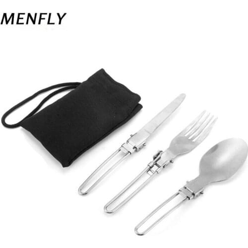 MENFLY Portable Folding Knife Fork Spoon Dinnerware 3 Pieces Outdoor Travel Stainless Steel Folding Tableware Picnic Dinner Set