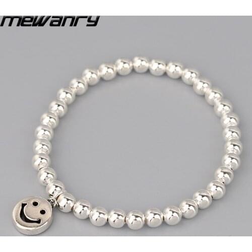 MEWANRY 925 Sterling Silver Bracelets for Women String of Beads Accessories Trendy Vintage Simple Smiley Face Party Jewelry Gift