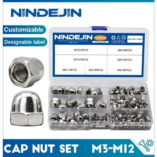 NINDEJIN 190pcs Acorn Nut M3 M4 M5 M6 M8 M10 M12 Stainless Steel Hexagon Dome Cap Nut Blind Nut Assortment Kit