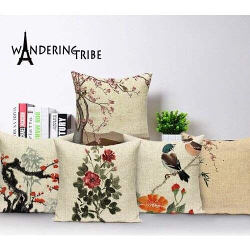 Flower Bird Cushion Covers Retro Home Decor Pillowcase Red-Crowned Crane Plum Blossom Decorative Cushion For Sofa Linen Cojin