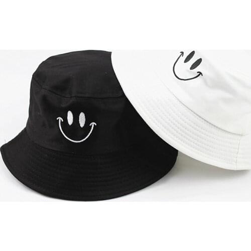 2021 Embroidery Foldable Smile Face Bucket Hats For Women Men Beach Summer Fishermans Hat Boy Girls Fishing Panama Hip Hop Caps