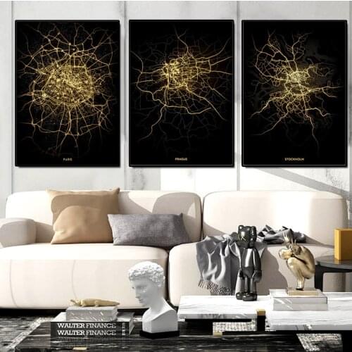 Poster Black Gold Abstract Line Drawing World City Map Canvas Painting London Paris Nordic Posters and Prints Modern Wall Art