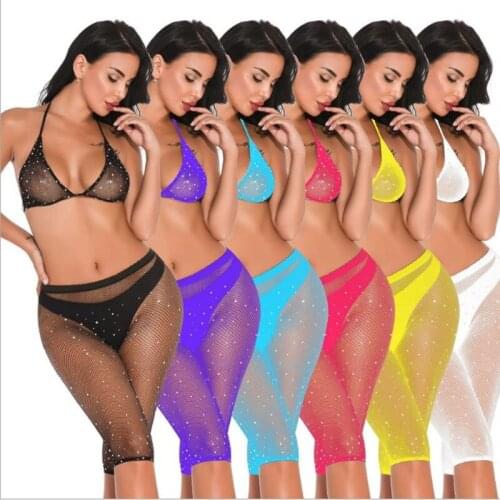 Sexy lingerie women disfraz halloween hot sexy costumes fishnet pantyhose pants network Rhinestone Bikini Set porno intimates