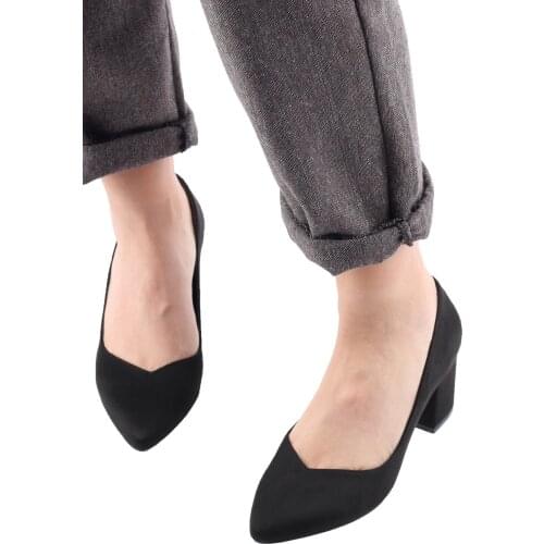 Modabuymus Thick Heels Low-Cut Stiletto Shoes Black Suede-Harlab