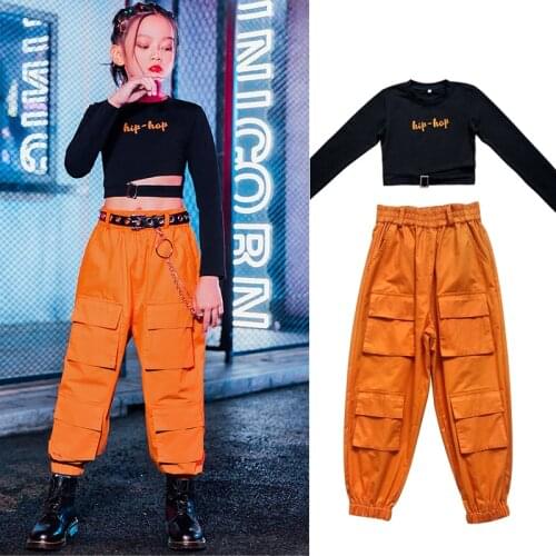 Hip Hop Dance Costumes Jazz Ballroom Dancing Clothes Black Crop Tops For Girls Orange Casual Pants Kids Stage Outfit Wear BL5300
