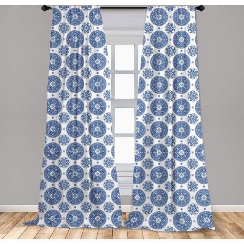 Blue White Vintage Curtains French Country Style Floral Circular Pattern Lace Ornamental Window Treatments for Living Room