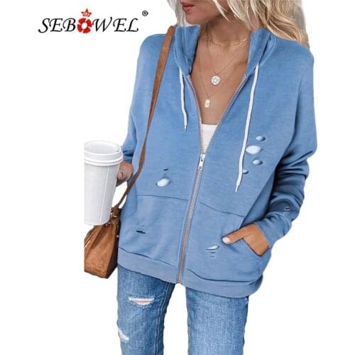 SEBOWEL Blue/Pink/Black Ripped Zipper Pocket Hoodie Woman Winter Hole Loose Hoodie Female Casual Long Sleeve Jacket Tops S-XXL