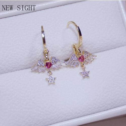 14K Gold Plated Cubic Zircon Angels Wings Stud Earrings for Women Delicate Jewelry Romantic Style Heart Star Earrings