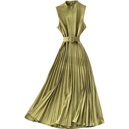New Summer Women O-Neck Sleeveless Belt Slim Long Dress Fashion Patchwork Solid Color Pleated Hem Elegant Dress