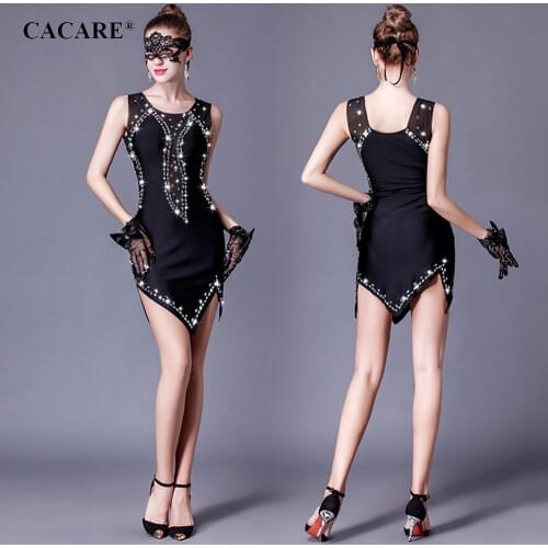 CACARE Sexy Latin Dance Dress Women Latin Dance Competition Dresses Fringed Salsa Black D0278 Rhinestones Irregular Hem