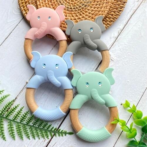 1pcs Baby Elephant Wooden Teether Animal Ring Silicone Beech Wooden Ring Baby Pacifier Pendant Nurse Accessories Toys For Kid
