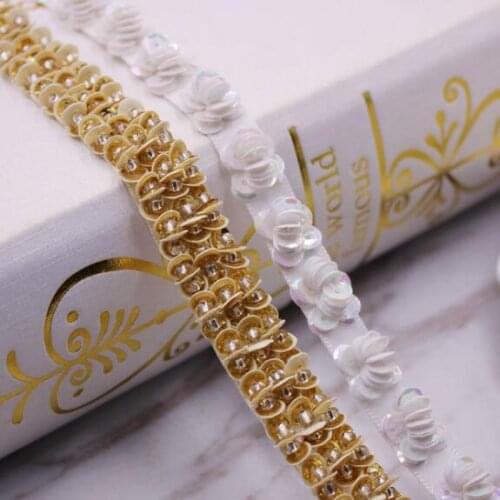 10Yards Beading Sequin Lace Trims Golden Beaded Ribbon For Sewing Clothing Collar Headdress Accessories Lace Webbing Decoration