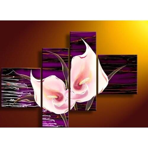 100%Hand-Painted Modern Oil Painting Purple on Canvas Art Wall For Abstract Flowers Home Room Decoration 4 Pcs/set