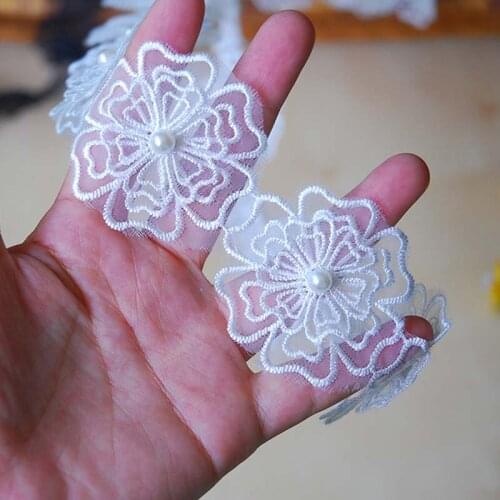20Yards White Black Flower Embroidered Lace Edge Trim Pearls 5cm Ribbon DIY Fabric Wedding Garment Sewing Craft Accessories