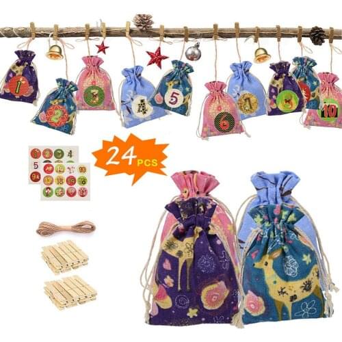 24PCS Christmas Advent Calendar Countdown Bag Hanging Candy Gift Sacks Pouch with Clips Stickers Rope Home Christmas Decoration