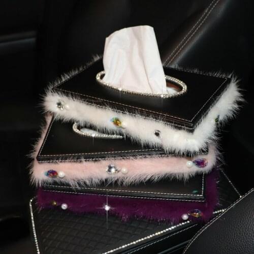 Car Tissue Box Mink hair Leather Color Diamond Auto Interior Accessories Car Paper Organizer Napkin Container car styling