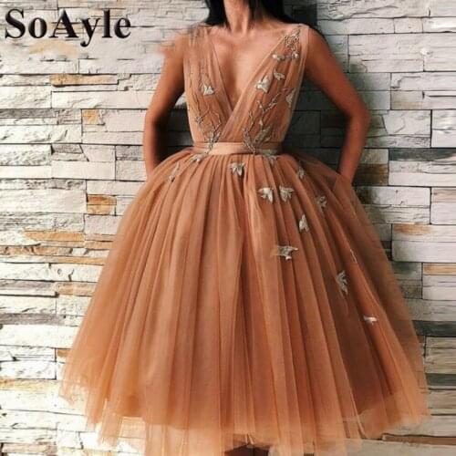 SoAyle Ball Gown V-Neck Knee Length Cocktail Dresses Sleeveless Short Party Dress Birthday Gowns Tulle Pretty Dress
