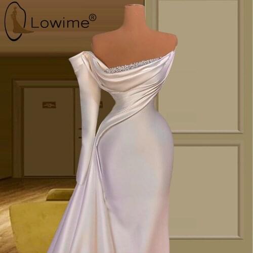 Ivory Single Long Sleeve Mermaid Satin Evening Dresses Pearls Ruched Evening Dresses 2021 Prom Party Pageant Dresses
